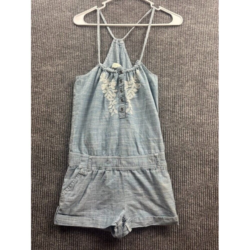 Abercrombie & Fitch Blue Denim Romper Boho White Embroidered Shorts Jumpsuit XS